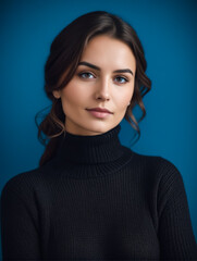 A woman with long dark hair and blue eyes is wearing a black sweater. She is smiling and looking directly at the camera