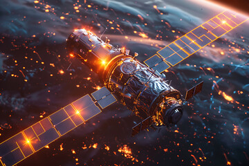 Stunning wireframe-based visualization against a radiant translucent backdrop, featuring the sleek silhouette of a satellite, perfect for futuristic designs and technology-themed projects - obrazy, fototapety, plakaty