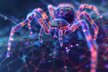 Elegant wireframe-based visualization against a radiant translucent backdrop, featuring the intricate silhouette of a spider, perfect for nature-inspired designs and arachnid-themed projects - obrazy, fototapety, plakaty