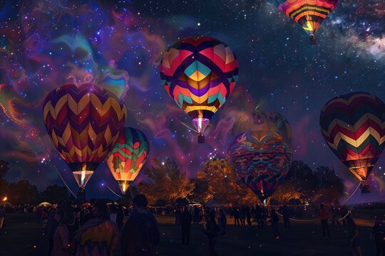 A colorful painting of many hot air balloons at night.