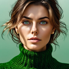 A woman with green hair and green sweater. She is wearing gold earrings