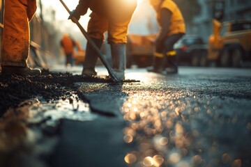 Construction Worker during Asphalting Road Works. repair and reconstruction of asphalt. eliminating holes and damage. city workers against the backdrop of city houses laying new asphalt at sunset - obrazy, fototapety, plakaty