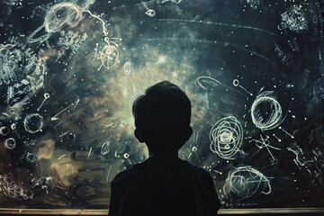 Child silhouette gazing at cosmic galaxy drawings on a dark background, sparking imagination and creativity in education.

 - obrazy, fototapety, plakaty