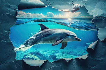 Deurstickers A playful dolphin seems to leap through a torn paper barrier, revealing an underwater seascape with vibrant marine life © Fxquadro