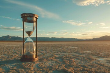 Conceptual image of an hourglass in a vast desert, symbolizing the infinite passage of time amidst the stillness of nature.

