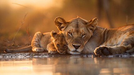Lioness Resting with Cub by the Water's Edge at Golden Sunset