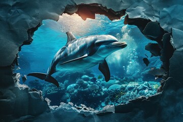 A mesmerizing visual of a smiling dolphin swimming in coral reef viewed through an underwater tear...