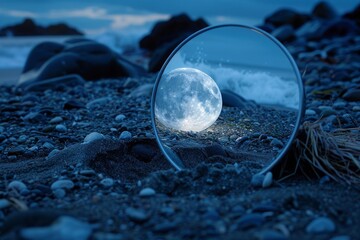 Captivating image of the full moon mirrored in a circular glass on a rocky beach under a dusk sky, invoking a sense of mystery and serenity.

