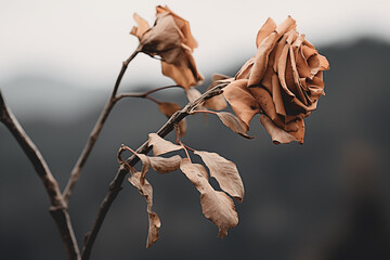 A brown dry rose on a branch against a backdrop of muted tones as a silent testament to the fragility of existence. - obrazy, fototapety, plakaty