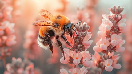 a bumble bee flies over the beautiful pink flower, a beautiful garden. Generated AI.  - obrazy, fototapety, plakaty