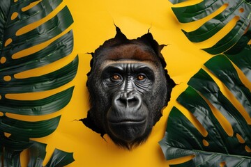 An intense gorilla face emerges from a yellow background, surrounded by realistic green tropical leaves