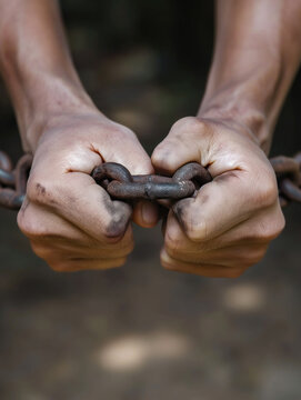 Wrists tied with chains symbolize the fight for freedom.