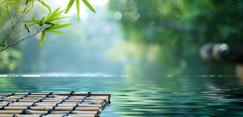 Bamboo raft on misty lake with overhanging leaves. - obrazy, fototapety, plakaty