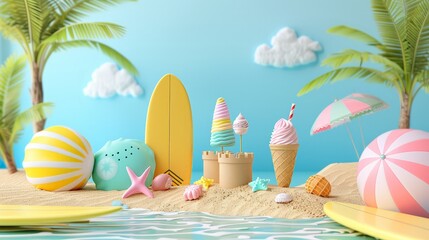 Ice cream beach party with sandcastles and surfboards, closeup, colorful, joyful ,summer