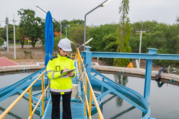 Environmental engineers work at wastewater treatment plants,Water supply engineering working at Water recycling plant for reuse,Check the amount of chlorine in the water to be within the criteria.