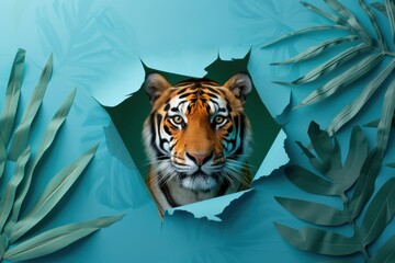 A realistic tiger's face emerges from ripped teal paper surrounded by lush foliage, blending art with nature