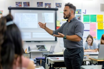 Male teacher of Middle Eastern descent gesturing during a lesson in a classroom with interactive whiteboard.