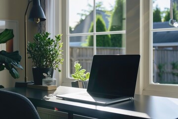 Computer laptop in Modern office, cozy home, elegant hotel interior.