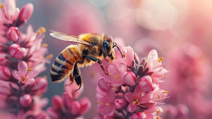 Fotobehang a bumble bee flies over the beautiful pink flower, a beautiful garden. Generated AI.  © Stallonechris