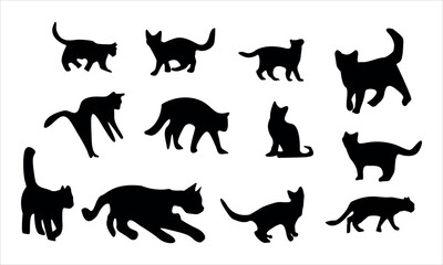 Cat silhouette with various expressions set of 12 vector illustration