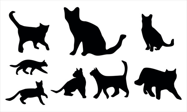 Cat silhouette with various expressions set of 8 vector illustration