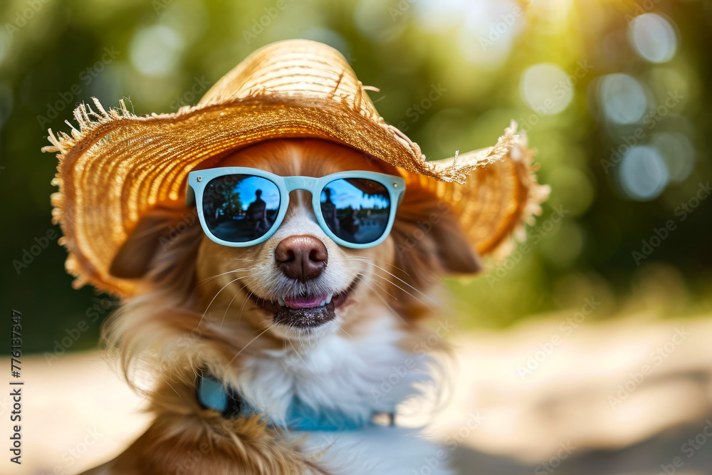 Sticker dog wearing straw hat and sunglasses.