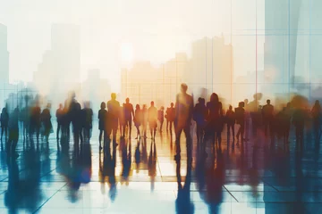 Fotobehang City Stride: The Rhythm of Business Life,  The blur of movement juxtaposed with the clear city backdrop symbolizes the swift pace and collaborative spirit of today’s corporate environment © Nutt