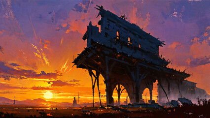 Obraz premium Scene of medieval urban fantasy, Digital art painting, loosely speed painting.