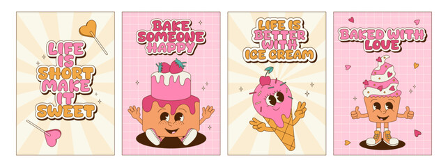 Fototapeta premium Collection of groovy posters and cards with dessert characters. Retro cartoon mascot set. Posters with lettering and phrases for bakery, cafe and delivery. Cake, cupcake, ice cream.