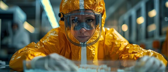 Fototapeta premium Working with hazardous materials in a high-security lab: A scientist in a hazmat suit creating a suspenseful atmosphere. Concept Hazardous Materials, High-Security Lab, Scientist in Hazmat Suit