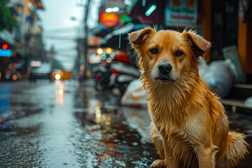 Wet dog is sitting on sidewalk in front of building with signs written in English and another language.