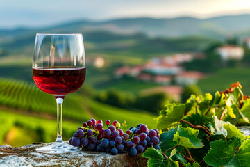 Glass of red wine is sitting on rock with bunches of grapes in front of it and orchard in the...