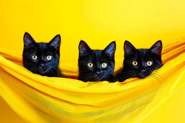 Three black cats with yellow eyes are sitting together on bright yellow cloth.