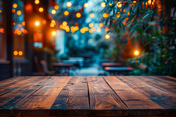 Wooden table is surrounded by benches in area lit up by many small lights creating warm and inviting atmosphere. - Powered by Adobe