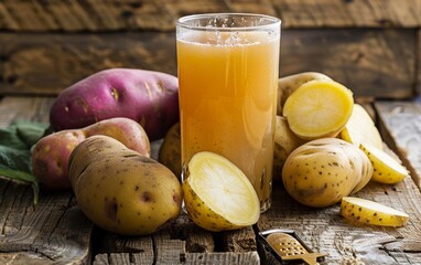 A wooden backdrop underlines a transparent glass of potato juice, complemented by whole and sliced potatoes, rich in starchy texture.