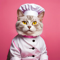 Cat wearing chef's outfit and hat.