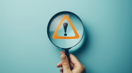 A hand holds a magnifying glass over a warning sign.