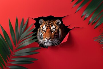 A powerful tiger's face emerges from a ripped paper, surrounded by tropical leaves, evoking a sense of wildness breaking through