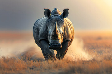 Rhino is running through field of dry grass. - obrazy, fototapety, plakaty