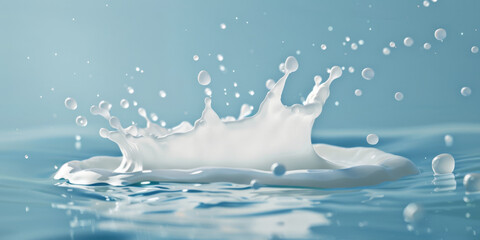 Obraz na płótnie Canvas Milk splashes dynamically against a blue background, creating a crown-like shape and droplets in the air.
