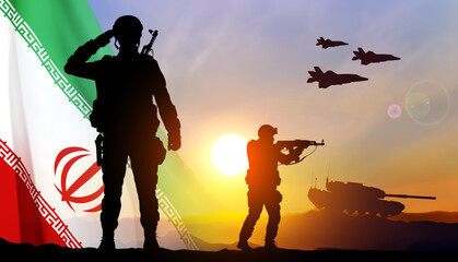 Silhouettes of a soldiers with tank on battlefield and aircraft with Iran flag against the sunset. EPS10 vector - obrazy, fototapety, plakaty