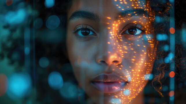 Concept art with woman face, representing diverse data points, highlighting the need for unbiased algorithms.