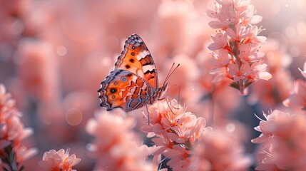 a beautiful butterfly flies over the beautiful pink flower, a beautiful garden. Generated AI.