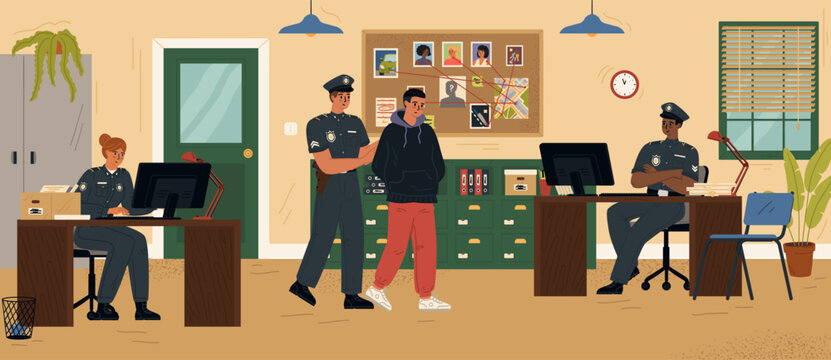 Policeman leading arrested robber and lawbreaker in police station