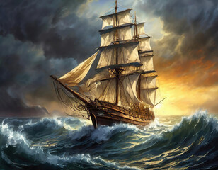 A majestic 17th century sailing ship on a stormy ocean in the evening sunset - obrazy, fototapety, plakaty