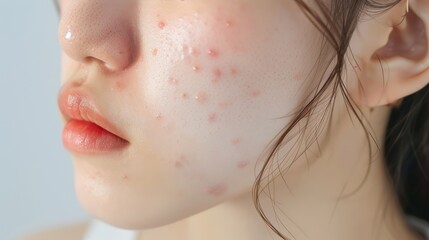 acne on woman face with rash skin, scar, and red skin syndrome allergic to cosmetics, use steroids, dermatology, inflammation, infection, hygiene - obrazy, fototapety, plakaty