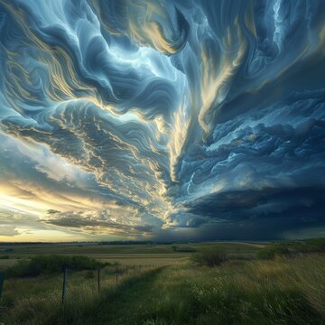 Surreal landscape under a mesmerizing sky with undulating asperatus clouds during a dramatic sunset.