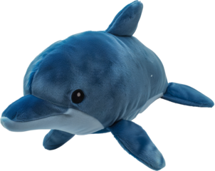Lifelike plush dolphin toy in a playful pose cut out on transparent background