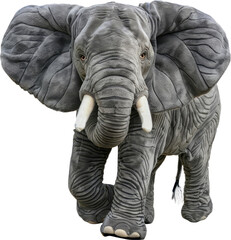 Realistic plush elephant toy standing with detailed stitching cut out on transparent background