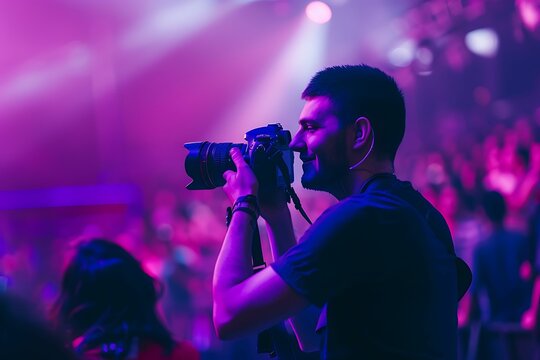 a photo of an man holding dslr camera in hand, standing on stage and taking photos with his friends at the concert venue, purple lighting, crowd visible blurred background